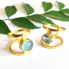 Aqua chalcedony silver gold plated ring